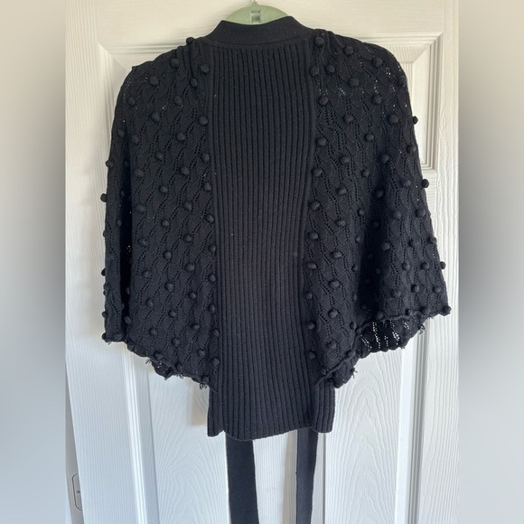 Rebecca Taylor Black Wool Blend Pompom Tie Front Cardigan Sweater - Picture 6 of 8